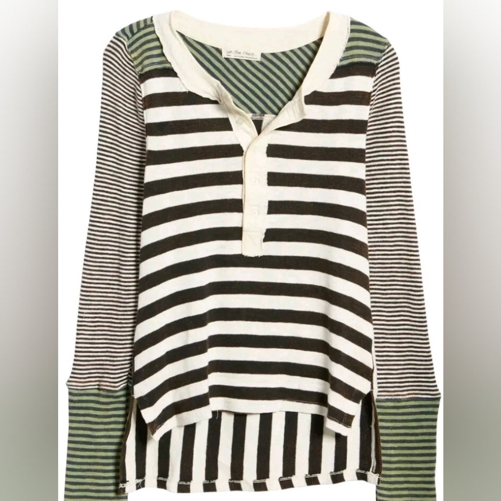 NWT FREE PEOPLE Give Me Stripes Henley Top Black White Green